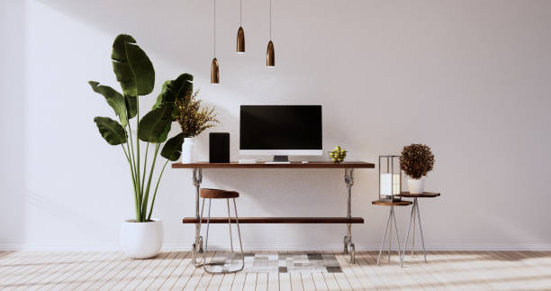 istock Mock up office table desk. blank computer screen in office modern room. 3d rendering 1371347629