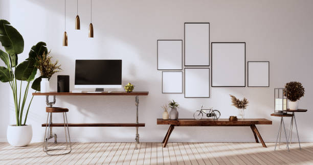 istock Mock up office table desk. blank computer screen in office modern room. 3d rendering 1371347669