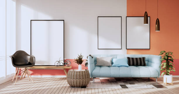 istock Orange and red wall on living room two tone colorful design.3D rendering 1371347672