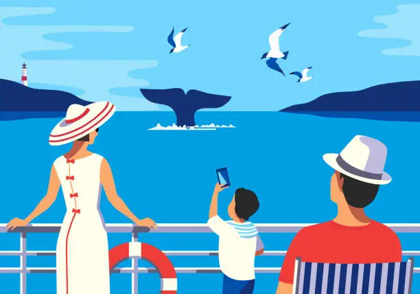 Vector illustration of Family Watching Whale Tail in Ocean tourist poster