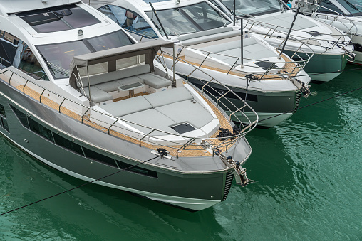 Row of boats on shelves  at boat storage near Edmond marina, Edmonds, Washington