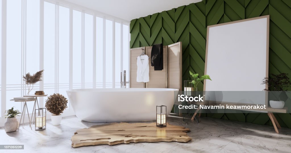 green Bath room interior bathtub with wall white and tiles floor. 3d rendering Bathroom Stock Photo