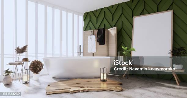 Green Bath Room Interior Bathtub With Wall White And Tiles Floor 3d Rendering Stock Photo - Download Image Now