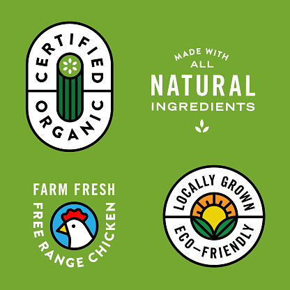 A collection of badges, including: Certified Organic, Made with All Natural Ingredients, Locally Grown Eco-Friendly and Farm Fresh Free Range Chicken
