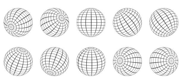 globus-gitterkugel-set. 3d-draht global earth latitude, längengrad. geometrischer gitterglobus. runde gitternetzkugel. kabelgebundene leitung 3d planet globe. wireframe-globus-oberfläche. isolierte vektorillustration - connection in a row striped globe stock-grafiken, -clipart, -cartoons und -symbole