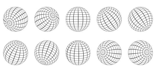 illustrazioni stock, clip art, cartoni animati e icone di tendenza di globe grid sphere set. 3d wire global earth latitudine, longitudine. globo a griglia geometrica. sfera a maglie a griglia rotonda. linea cablata 3d planet globe. superficie globo wireframe. illustrazione vettoriale isolata - connection in a row striped globe