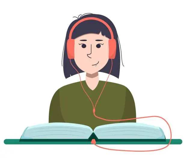 Vector illustration of vector illustration of a young Asian woman wearing headphones sitting in front of an open book. The theme of love for reading and listening to audiobooks