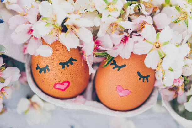 Beautiful and cute close up of two sleeping Easter eggs with face in an egg box surrounded by almond blossoms. Copy space. Creative editing with added grain. Very selective focus. Part of a series.
