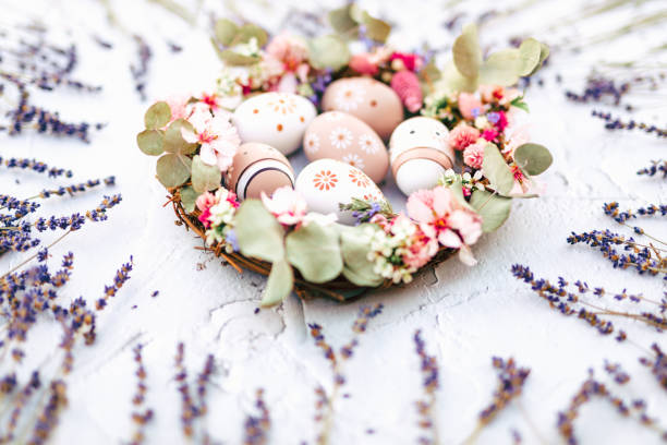 œufs de pâques floraux encadrés par une couronne florale avec des fleurs d’amande des fleurs séchées et des feuilles d’eucalyptus entourées de tiges de lavande séchées sur fond texturé brillant - floral centerpiece photos et images de collection