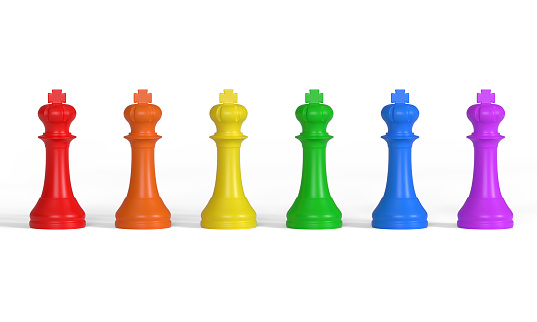 Row of multicolored kings. Chess pieces. Pride flag colors represented isolated on white background. 3d render illustration