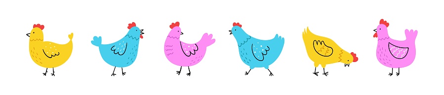 Hand drawn cute chicken set. Doodle sketch style. Horizontal banner with funny domestic birds. Farm and poultry concept. Simple vector illustration.