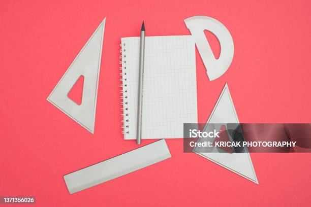 School A6 Notebook Wire Binding Mock Up Blank Template Design Idea Gray Pencil And Rulers Mockup Against Pastel Pink Background Copy Space Templates Designs For Message Layout Stock Photo - Download Image Now