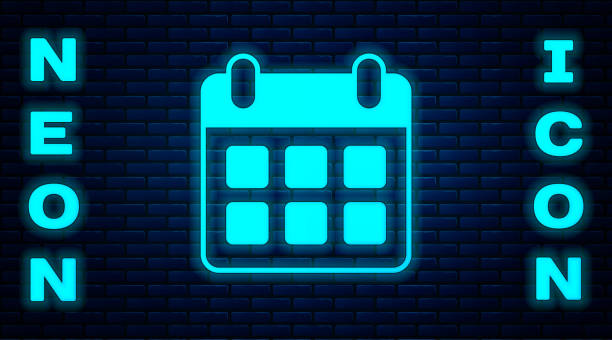 istock Glowing neon Travel planning calendar and airplane icon isolated on brick wall background. A planned holiday trip. Vector 1371356067