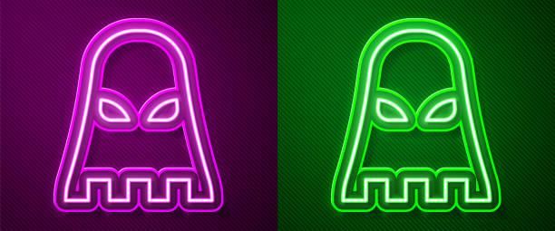 Glowing neon line Executioner mask icon isolated on purple and green background. Hangman, torturer, executor, tormentor, butcher, headsman icon. Vector Glowing neon line Executioner mask icon isolated on purple and green background. Hangman, torturer, executor, tormentor, butcher, headsman icon. Vector. medieval torture drawings stock illustrations