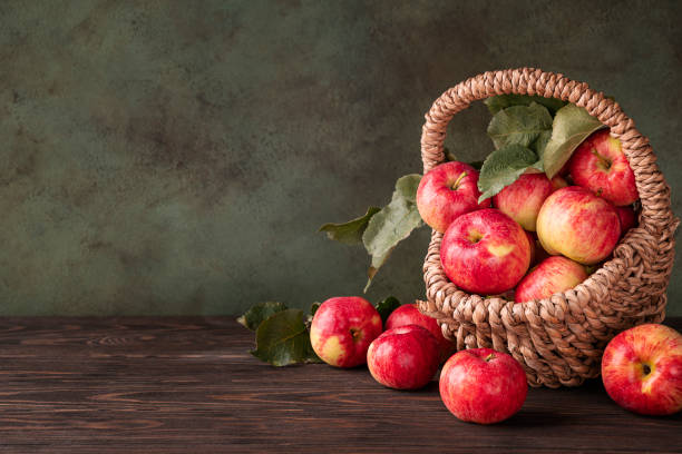 istock Harvested red apples in a basket 1371359733