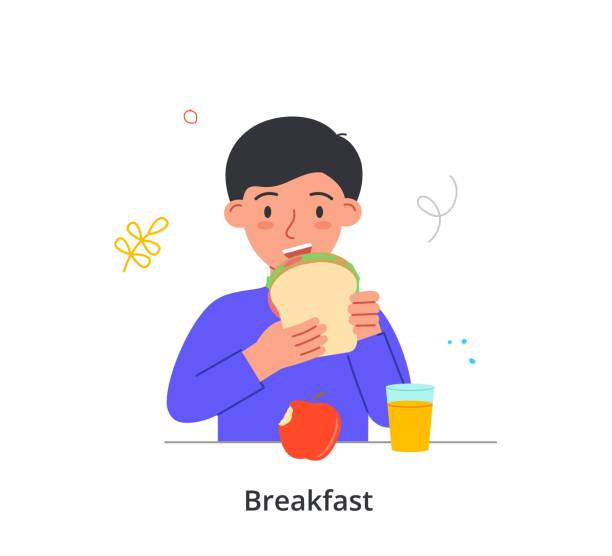 Kid having breakfast or lunch meals concept Kid having breakfast or lunch meals concept. Little hungry boy eats vegetable sandwich, fresh apple and drinks delicious orange juice. Healthy snack. Cartoon flat vector illustration in doodle style eating breakfast stock illustrations