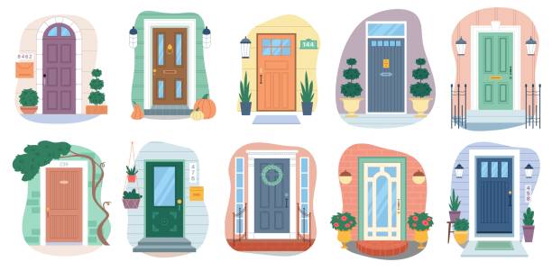 ilustrações, clipart, desenhos animados e ícones de conjunto de entradas de casas diferentes e portas fechadas - porch light