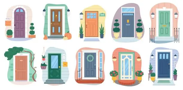 Vector illustration of Set of different house entrances and closed doors