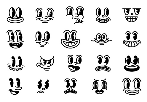 Set of retro cartoon mascot characters. Vintage funny faces with emotions of joy, fun, surprise or cunning. Design elements of 60s old animation. Flat vector collection isolated on white background