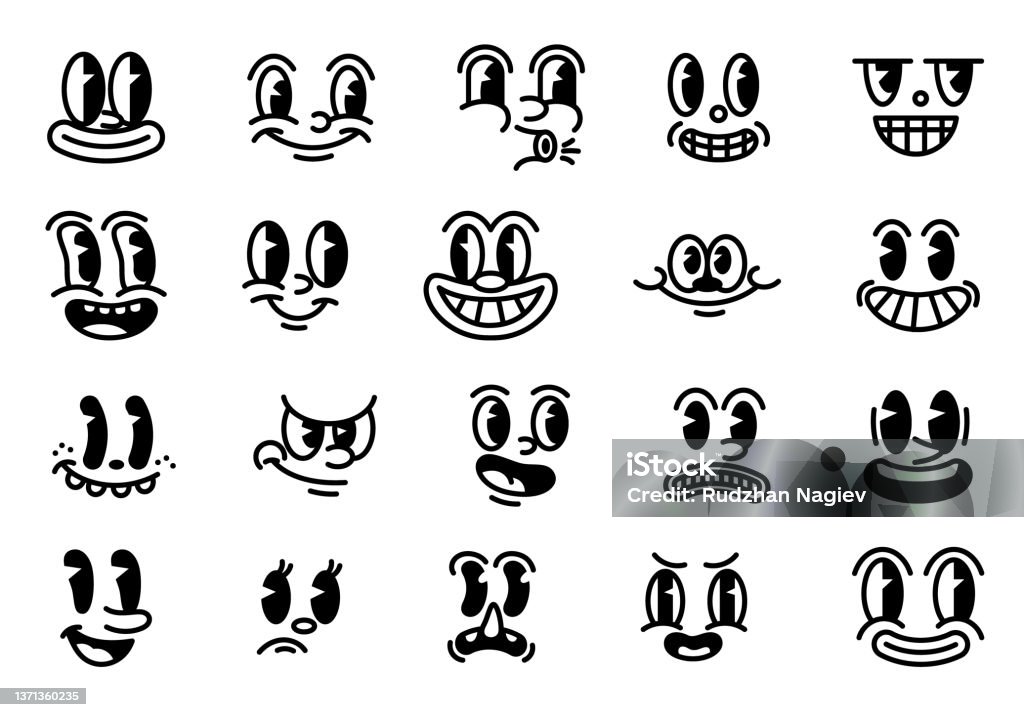 Set of retro cartoon mascot characters Set of retro cartoon mascot characters. Vintage funny faces with emotions of joy, fun, surprise or cunning. Design elements of 60s old animation. Flat vector collection isolated on white background Cartoon stock vector