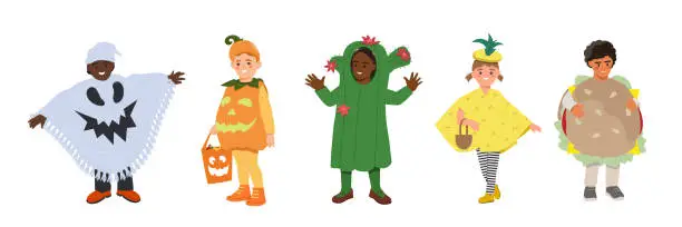 Vector illustration of Set of kids in funny and scary costumes for Halloween party