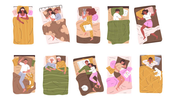 Set of different people lying under blankets Set of different people lying under blankets. Men, women, couples, families, children and animals sleep on soft pillows and beds and dream. Cartoon flat vector collection isolated on white background senior dog stock illustrations