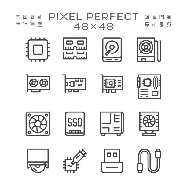 Vector illustration of Computer components. PC building. Assemble a PC. Line with editable stroke. Pixel perfect 48x48 and 288x288