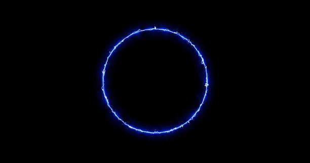 istock blue ring of lightning, energy neon on a black background. 3d image Abstract energy circle with lightning discharges. Gradually, a blue ring appeared and a constant glow in the circle 1371368257