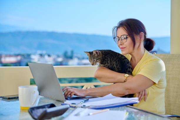istock Home workplace female freelancer working remotely with pet cat in her arms 1371369510