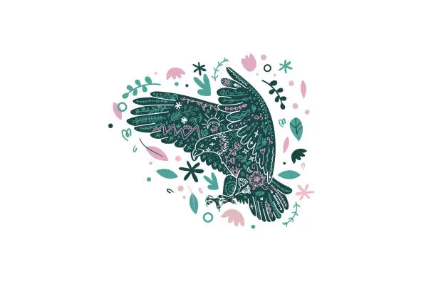 Vector illustration of Eagle floral emblem. Cute bird print in scandi style. Vector funky print with eagle in simple minimal style.