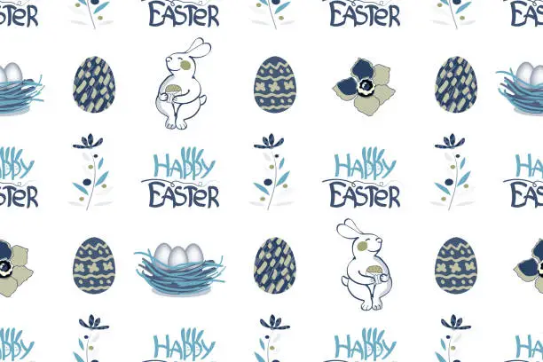 Vector illustration of Easter vector seamless pattern. Bunny, lettering Happy Easter with Easter Bunny Ears, cake, eggs and flowers.