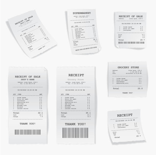 Receipt of sale set isolated on white background A set of a receipt of sale on paper isolated on white background. All design elements are on different layers. receipt stock illustrations