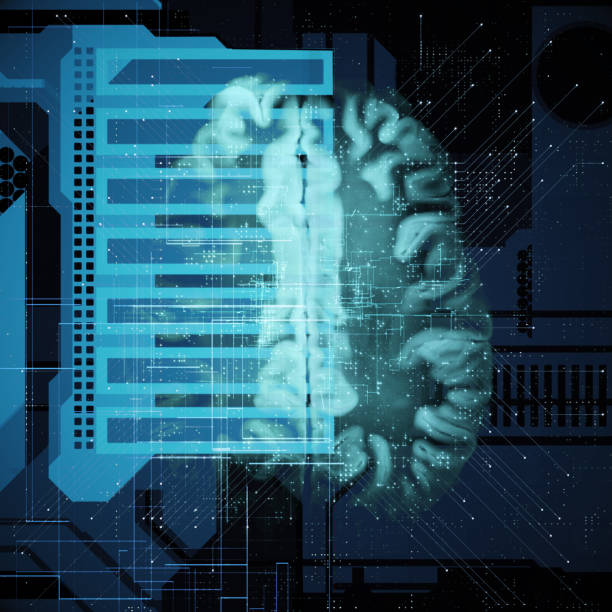 Brain Cross Section On Central Processing Unit, Cyber Neural Networks, Neurolink, Artificial Intelligence, Cpu, Big Data, Internet Networks stock photo