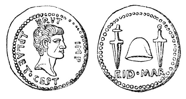 고대 로마 마커스 주니우스 브루투스 eid 마르 데나리우스 동전 - 기원전 1세기 - brutus stock illustrations