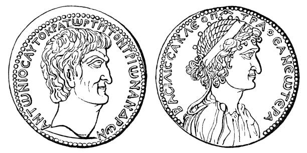Ancient Greek Anthony and Cleopatra Tetradrachm Coin - 1st Century BC Ancient Greek Marcus Antonius and Cleopatra VII Philopator tetradrachm coin (circa 1st century BC). Vintage etching circa mid 19th century. ancient coins of greece stock illustrations
