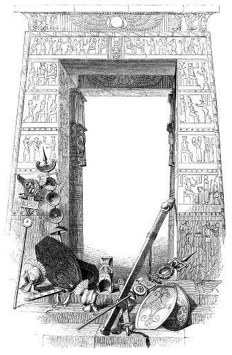 Ancient Egyptian gate with ancient Roman armour and weapons (circa 1st century BC), frame composition from the Works of William Shakespeare. Vintage etching circa mid 19th century.