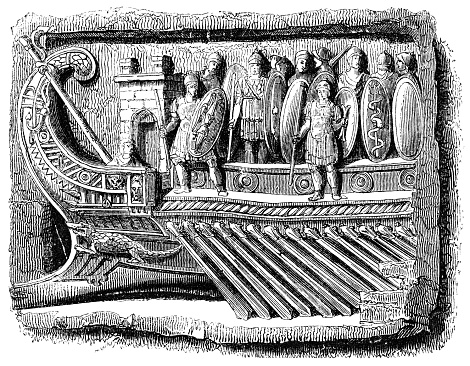 Bas-relief sculpture of an ancient Roman Bireme galley ship from the Temple of Fortuna Primigenia in Palestrina, Italy (circa 2nd century BC) from the Works of William Shakespeare. Vintage etching circa mid 19th century.