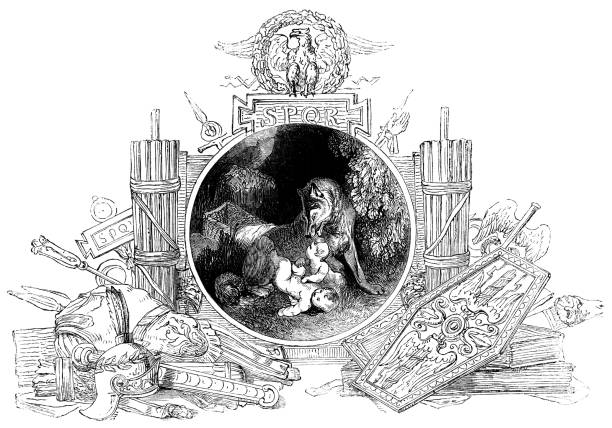 ilustrações de stock, clip art, desenhos animados e ícones de she-wolf caring for romulus and remus with ancient roman items - 19th century - roman mythology