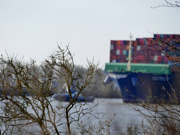 Containerschiff auf der Elbe in Hamburg Cargo ship in fairway pilot fish stock pictures, royalty-free photos & images