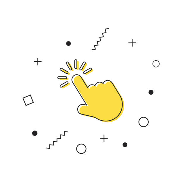 istock Hand cursor icon vector. Yellow click symbol icon with geometric shapes on white background. Vector 1371381786