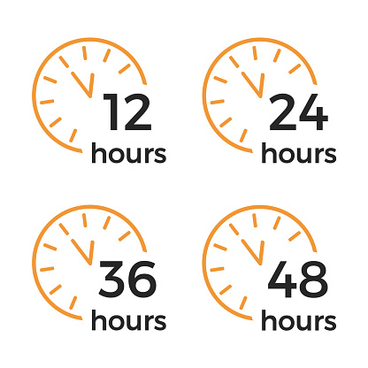 Various time stickers. 12, 24, 36 and 72 hours order execution or delivery service icons. Vector illustration