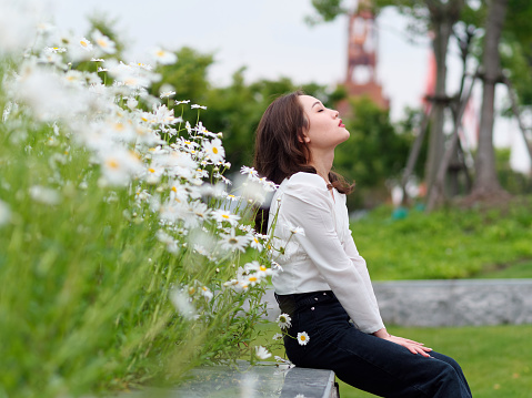 Portrait of young Asian woman sitting at the edge of cosmos flower field in park, beautiful Chinese girl in white shirt and black trousers rest with eyes closed.