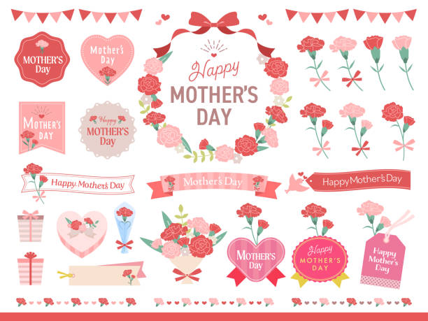 zestaw ilustracji goździków z okazji dnia matki i ramki wstążki - mothers day stock illustrations