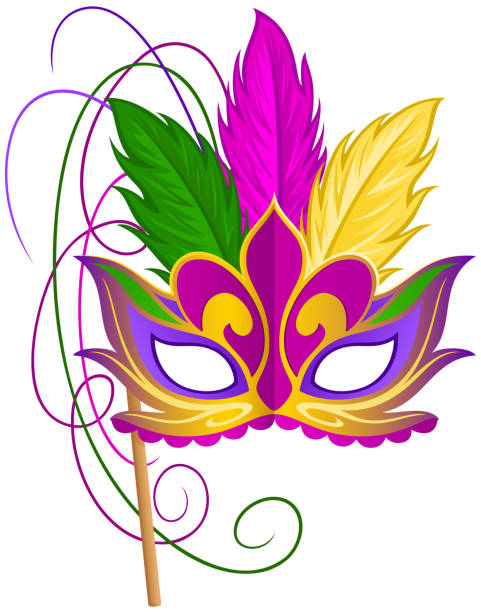 Mardi Gras Mask Vector illustration of a brightly-colored, ornate Mardi Gras mask with feathers. Illustration uses linear gradients. Includes AI10-compatible .eps format, along with a high-res .jpg. purple and gold masquerade masks stock illustrations