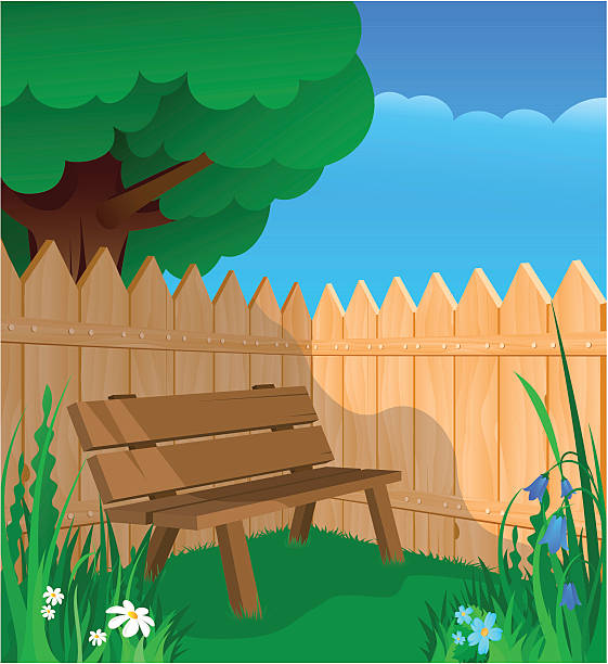 Bench, fence and flowers vector art illustration