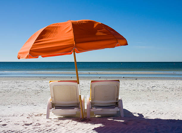 istock A setting on the beach of beach chairs and an umbrella  137142701