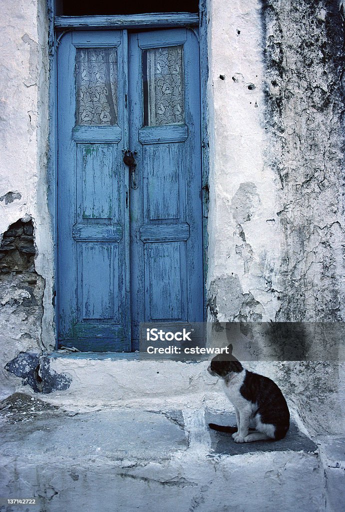 Cat on paso y azul puerta, Paros, Grecia - Foto de stock de Arquitectura libre de derechos