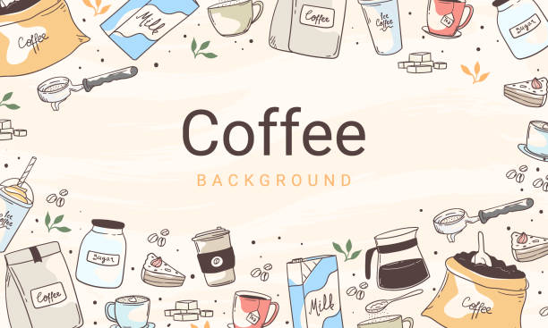 ręcznie rysowane tło wektorowe sprzętu kawowego - coffee muffin take out food disposable cup stock illustrations