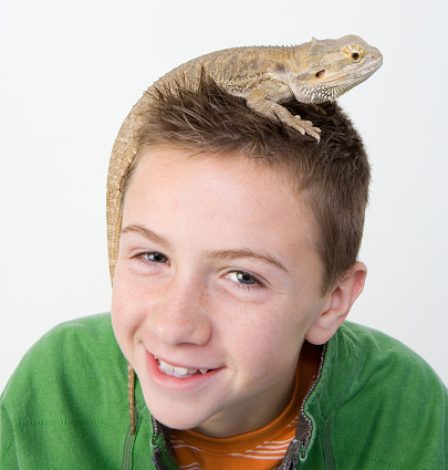 Young boy with his pet lizard on his head