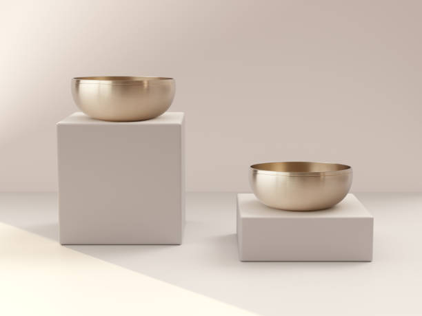 Korean high quality brass tableware on the white podium. Front view.